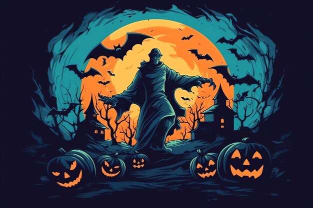 Ghosts on halloween celebration concept in a cemetery or forest at night in cartoon style halloween