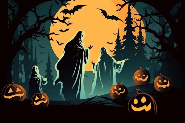 Ghosts on halloween celebration concept in a cemetery or forest at night in cartoon style halloween