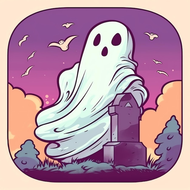 Ghosts on halloween celebration concept in a cemetery or forest at night in cartoon style Halloween