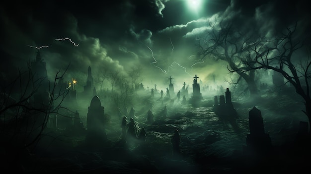 霧の中の墓地の夜の幽霊