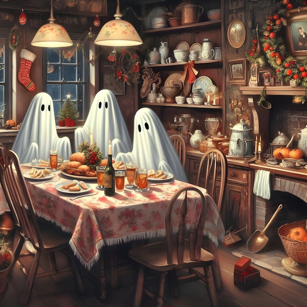 Ghosts in a vintage kitchen enjoying their Christmas