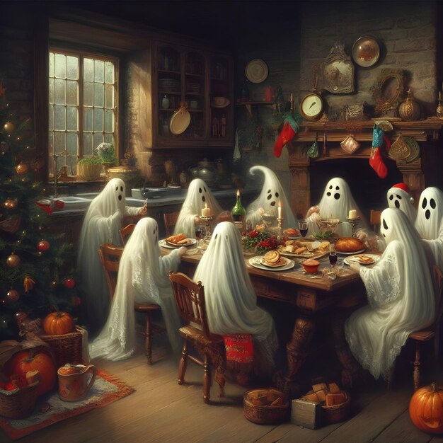 Ghosts in a vintage kitchen enjoying their Christmas