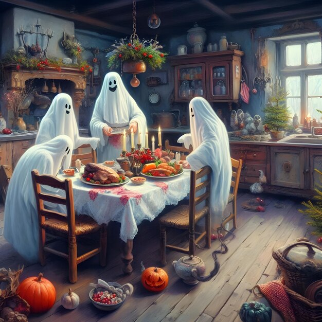 Ghosts in a vintage kitchen enjoying their Christmas