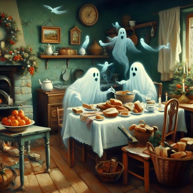 Ghosts in a vintage kitchen enjoying their Christmas