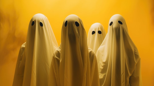 Ghosts under yellow sheets in the fog Halloween Celebration Concept