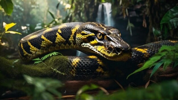 Giant anaconda yellow eyes stalking prey