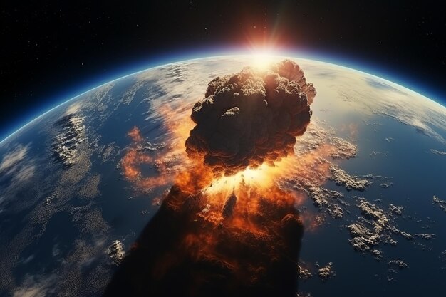 giant asteroid has hit the blue earth realism style surrealistic elements scifi scene