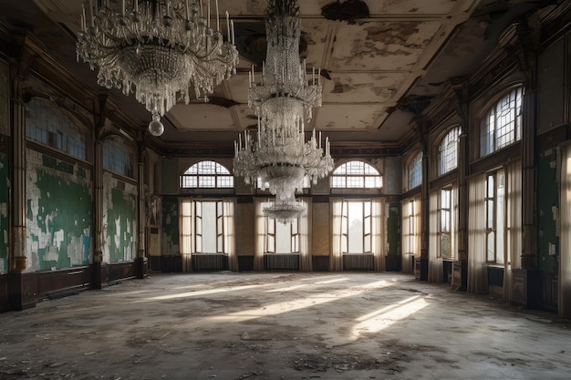 Гигантский бальный зал с пыльными люстрами и разбитыми окнами из заброшенного отеля