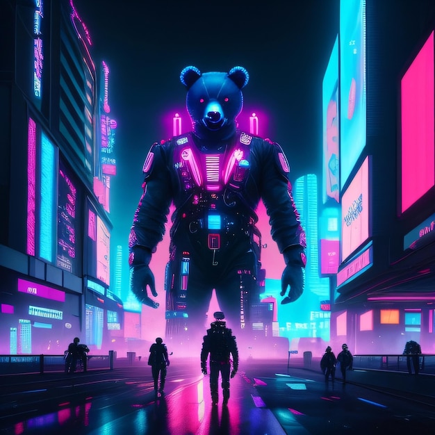 A giant bear is standing in the middle of a street with a neon sign that says'bear '