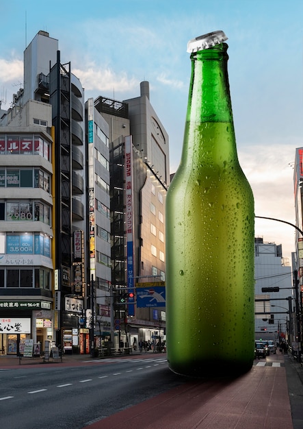 Foto bottiglia di birra gigante in ambiente urbano