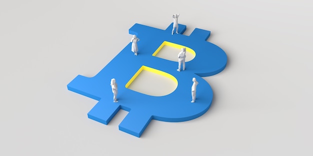 Гигантский символ биткойна с людьми на вершине Виртуальная валюта Баннер 3d Иллюстрация