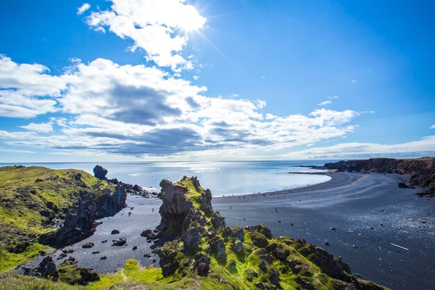 スナイフェルス半島の海岸アイスランドの上からの巨大な黒い石のビーチ