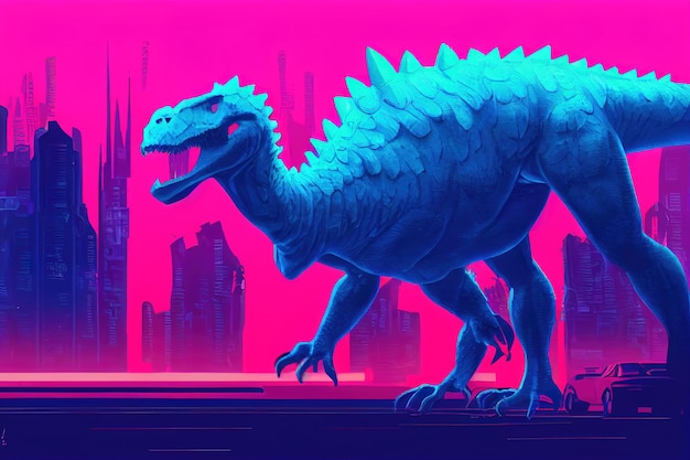 Dinosauro blu gigante nell'illustrazione della città nello stile dell'arte synthwave degli anni '80