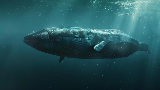 Photo a giant blue whale swims in the deep blue sea the whale is a majestic creature and its size is aweinspiring