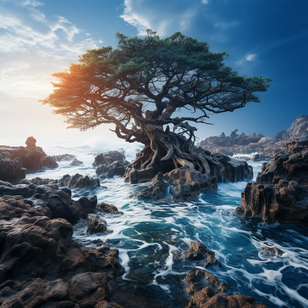 A giant bonsai tree in the middle of the sea