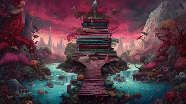 Foto una gigantesca torre di libri nel mezzo di un giardino surreale concetto di fantasia pittura illustrativa ia generativa