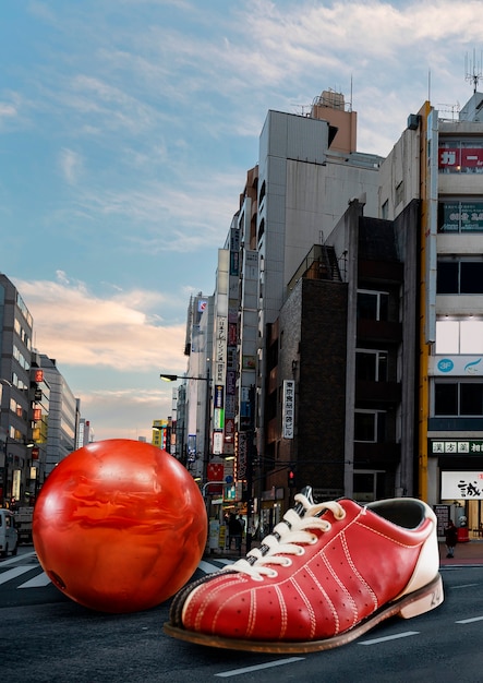 Giant bowling ball and shoe in urban environment