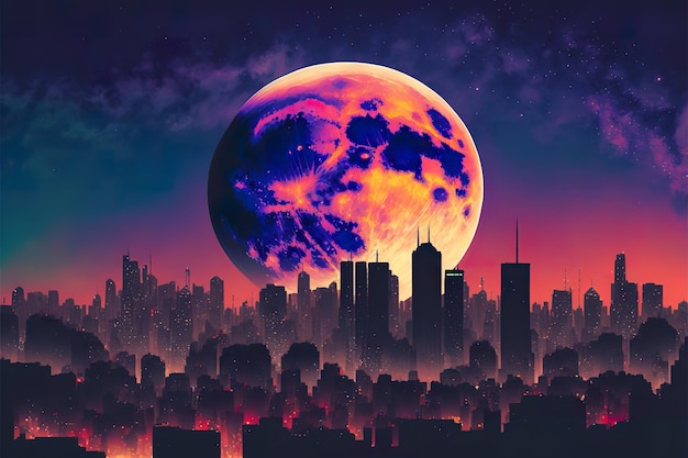 Giant colorful moon over the night city