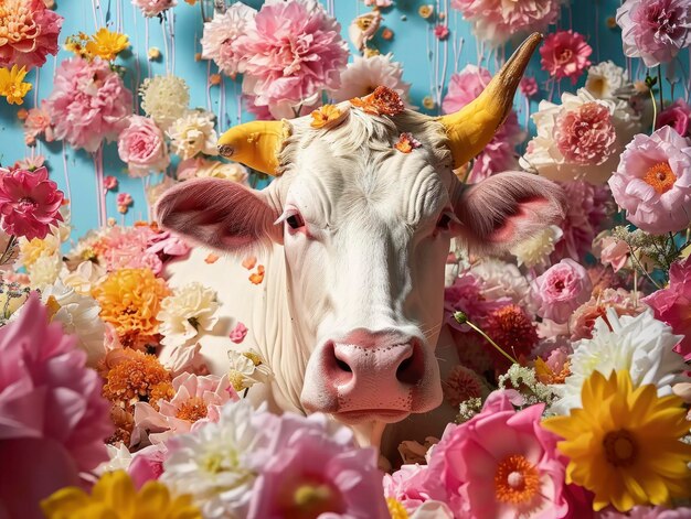 a giant cow surrounded by flowers