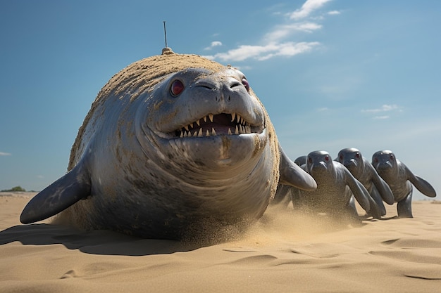 Photo a giant creature with red eyes is in the sand