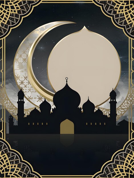 a giant crescent moon and mosque silhouette eid mubarak ramadan banner