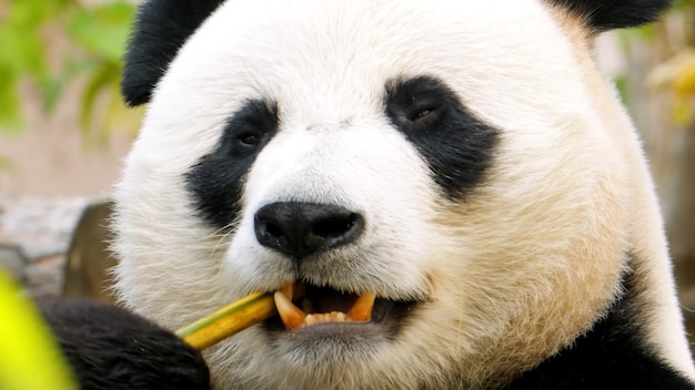 The giant cute panda is snacking