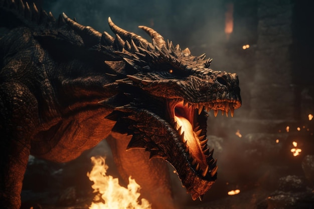 Гигантский дракон, дышащий огнем на темном фоне, портрет мифологического существа Генеративный ИИ