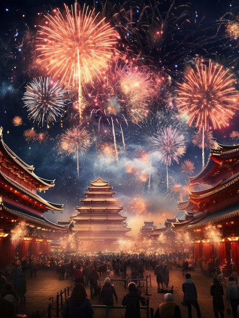 写真 中国の新年祝賀の間に ⁇ 美しい夜空で巨大な花火が非常に多くの敬意を表しています ⁇