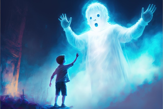 거대한 유령이 다른 차원에서 나타나 유령이 있는 아이의 디지털 아트 스타일 일러스트레이션 그림 판타지 개념에 손을 뻗었습니다.