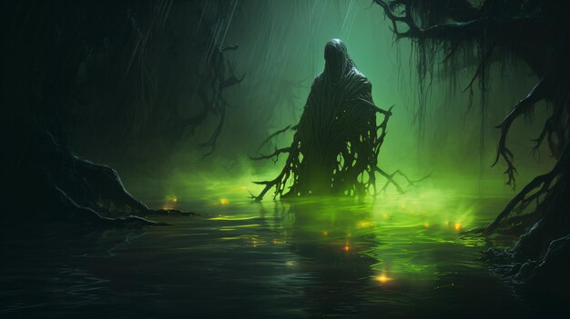 Giant ghost in the swamp of black slime digital