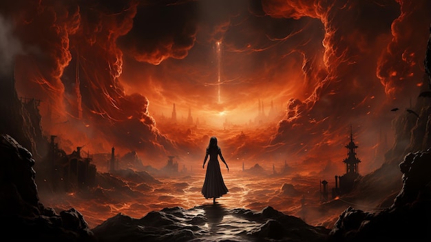 Giant Goddess Rising out of an Overflowing Volcano Epic Fantasy