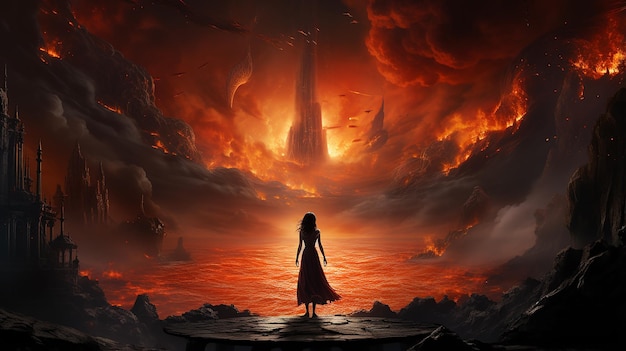 Giant Goddess Rising out of an Overflowing Volcano Epic Fantasy