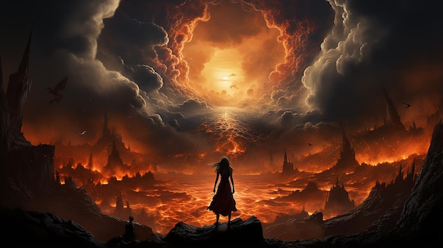 Giant Goddess Rising out of an Overflowing Volcano Epic Fantasy