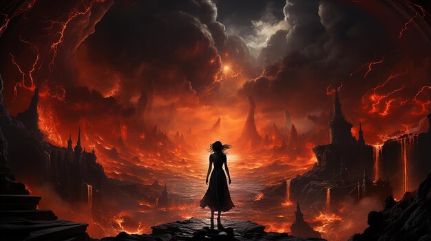 Giant Goddess Rising out of an Overflowing Volcano Epic Fantasy