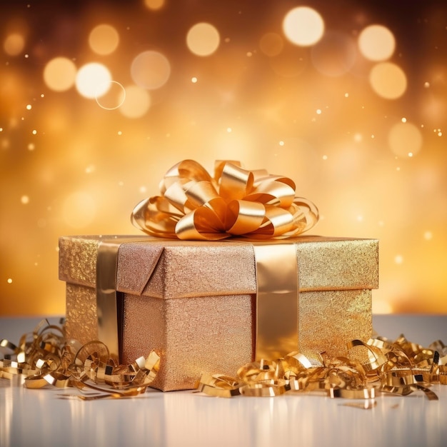 Giant gold gift box with ribbons on festive Christmas background