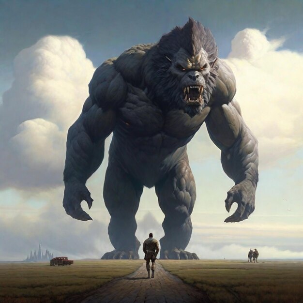 Giant gorilla with a man running on the road 3D rendering