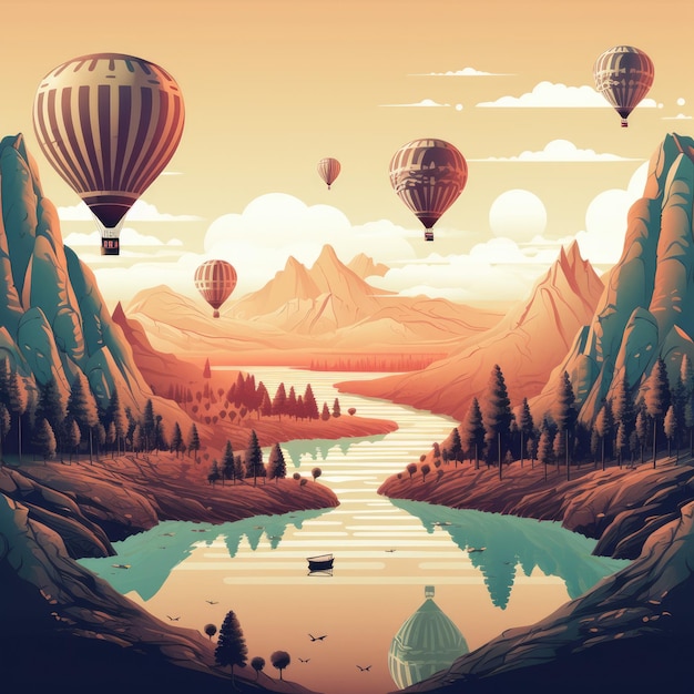 Giant hot air balloons floating above a surreal land generative ai