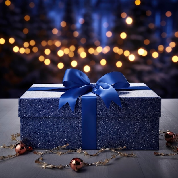 축제 크리스마스 배경에 리본이 있는 거대한 크기의 왕실 파란색 선물 상자