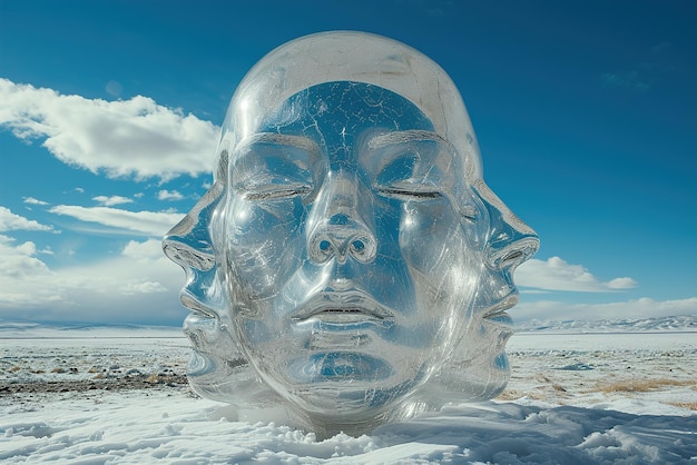 Giant Ice Sculpture Face in Snowy Terrain