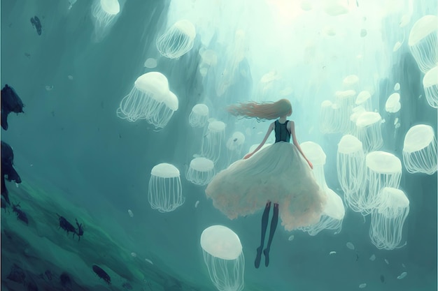 Giant jellyfish underwater Girl diving in the deep ocean to see big medusa Woman diving for a closer look at the giant jellyfish digital art style illustration painting