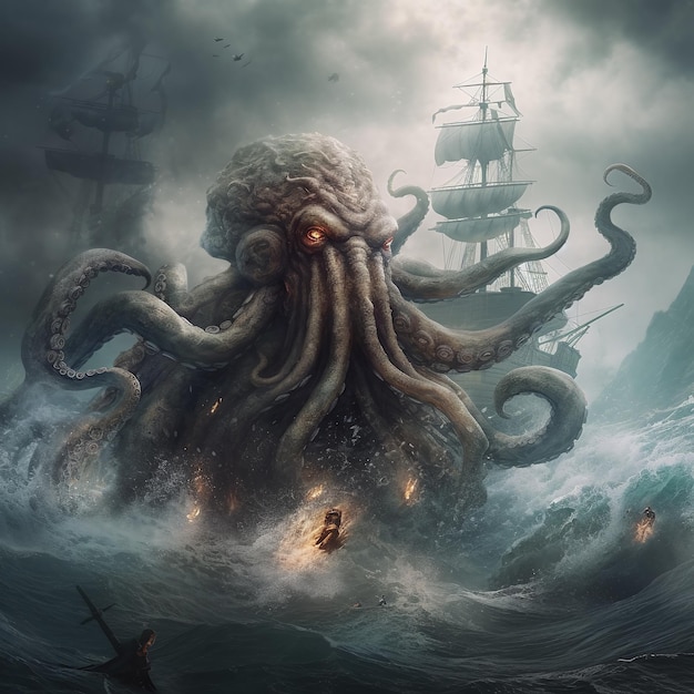 Giant kraken destroys pirate ship generative ai