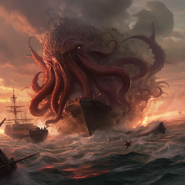 A giant kraken stands on the water and destroys the ship