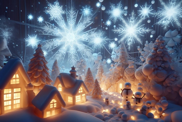 Гигантские светящиеся снежинки вращаются над каждым, неся в себе крошечный мир в крошечной деревне.