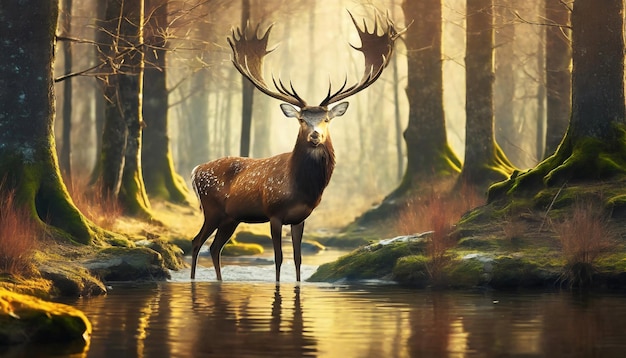 Foto gigante cervo magico nella foresta primavera natura paesaggio animale in piedi nell'acqua del fiume o