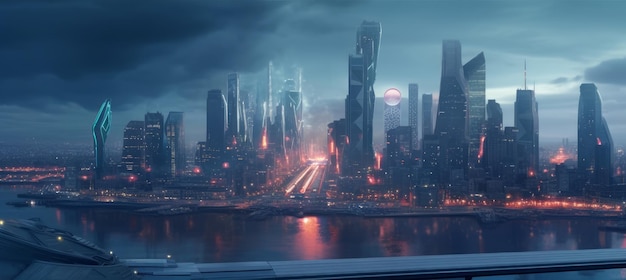 Foto gigante metropoli del futuro con grattacieli città del futuro colorata e luminosa