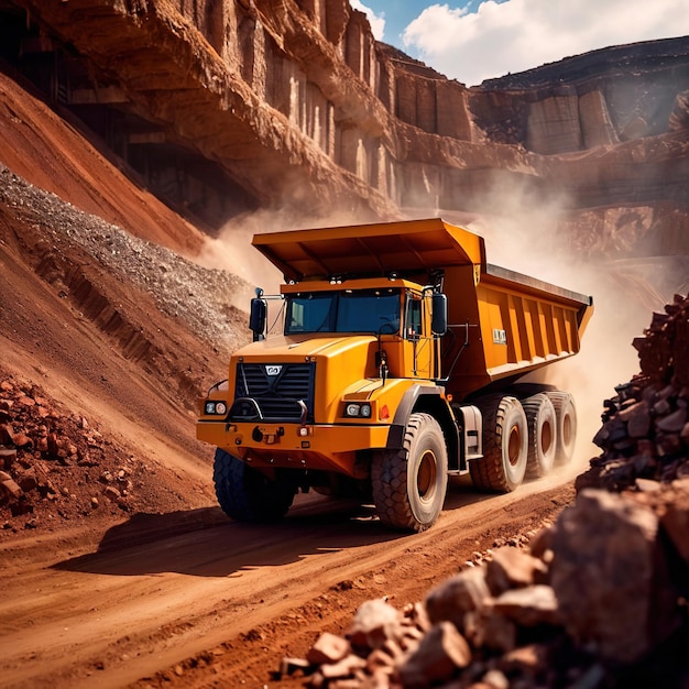 Photo giant mining truck carrying rocks and ore through quarry mine area