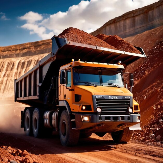 Photo giant mining truck carrying rocks and ore through quarry mine area