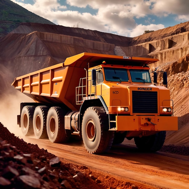 Giant mining truck carrying rocks and ore through quarry mine area