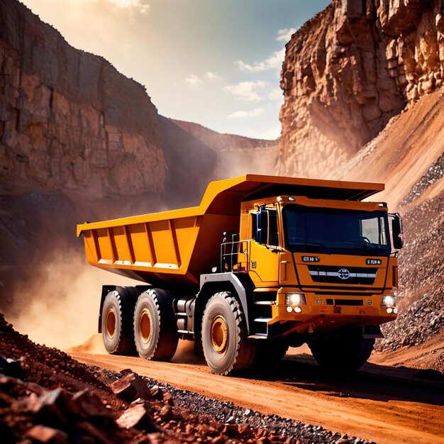 Photo giant mining truck carrying rocks and ore through quarry mine area