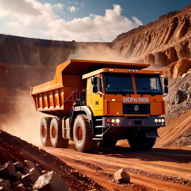 Photo giant mining truck carrying rocks and ore through quarry mine area